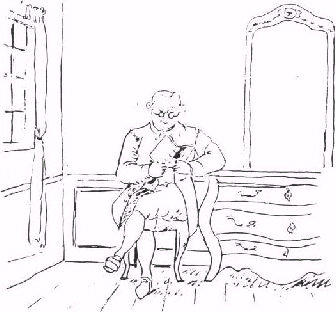 Teckning av Tor Hellstr&ouml;m; 1700-talsman l&auml;sande bok